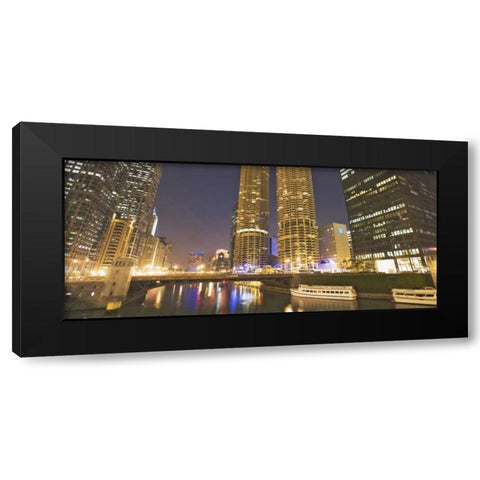 Illinois, Chicago Night along the Chicago River Black Modern Wood Framed Art Print with Double Matting by Flaherty, Dennis