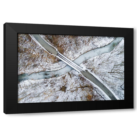Aerial view of winter forest-bridge-and creek Stephen A Forbes State Park-Marion County-Illinois Black Modern Wood Framed Art Print with Double Matting by Day, Richard and Susan