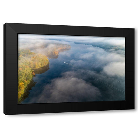 Boat on lake in fog in fall at Stephen A Forbes State Park-Marion County-Illinois Black Modern Wood Framed Art Print by Day, Richard and Susan