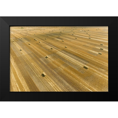 Aerial view of large square bales of wheat straw in field-Clay County-Illinois Black Modern Wood Framed Art Print by Day, Richard and Susan