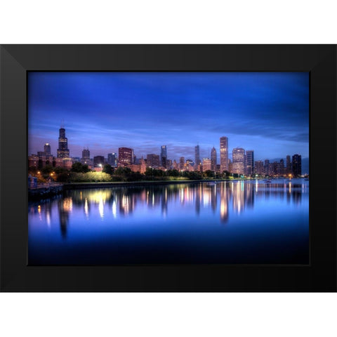 Chicago skyline reflects in lake Michigan during a blue sunrise Black Modern Wood Framed Art Print by SMO