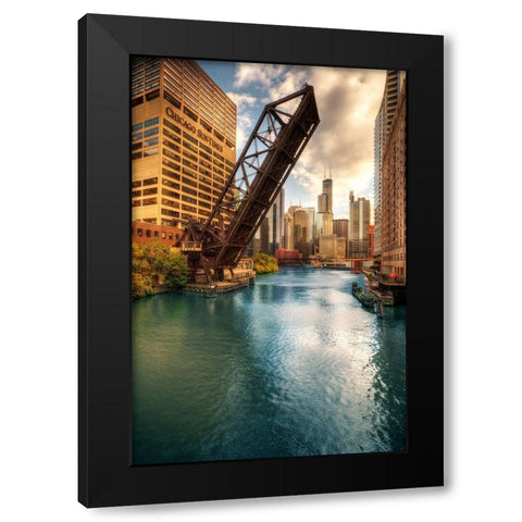 A drawbridge spans the Chicago river in Illinois Black Modern Wood Framed Art Print with Double Matting by SMO