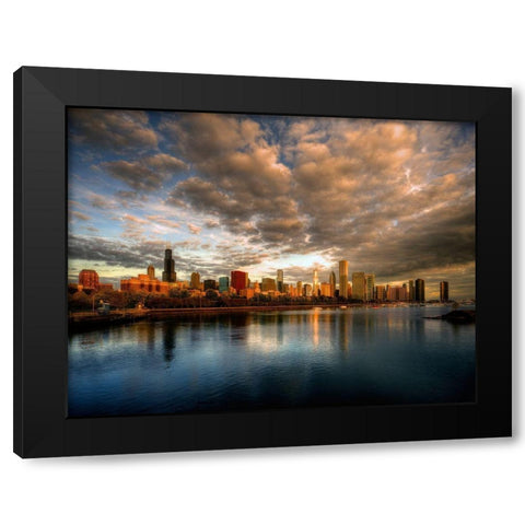 Chicago skyline shimmers at sunrise over lake Michigan Black Modern Wood Framed Art Print with Double Matting by SMO