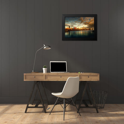 Chicago skyline over lake Michigan as sunrise enters a new day Black Modern Wood Framed Art Print by SMO