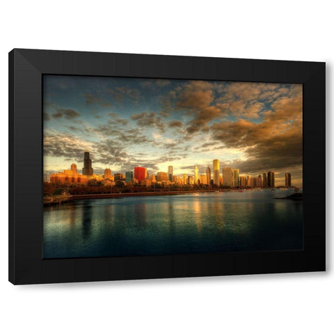 Chicago skyline over lake Michigan as sunrise enters a new day Black Modern Wood Framed Art Print by SMO