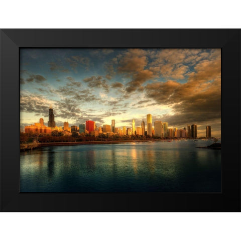 Chicago skyline over lake Michigan as sunrise enters a new day Black Modern Wood Framed Art Print by SMO