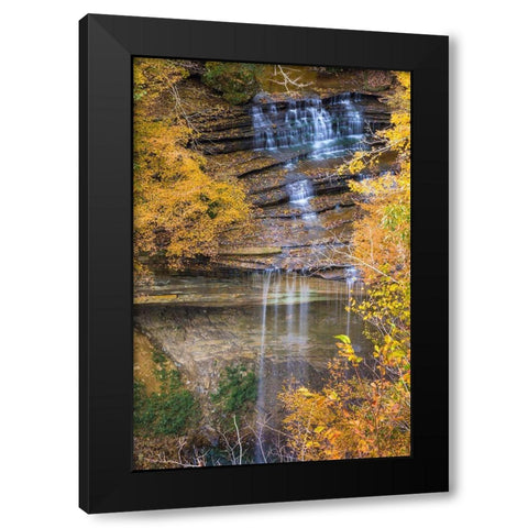 Fall Foliage Over Waterfall in Clifty Creek Park-Southern Indiana Black Modern Wood Framed Art Print with Double Matting by Miller, Anna