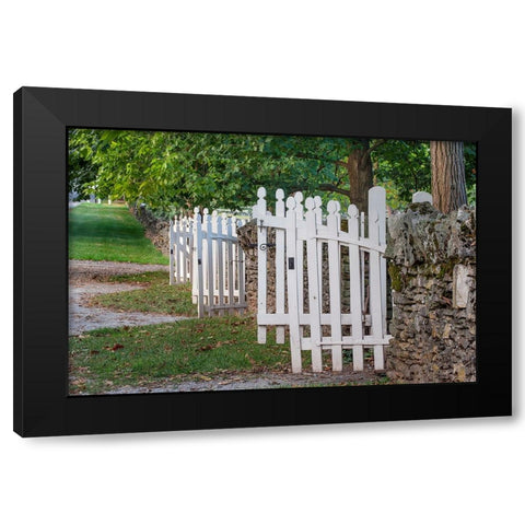 Gate and white wooden fence and rock wall-Shaker Village of Pleasant Hill-Harrodsburg-Kentucky Black Modern Wood Framed Art Print by Jones, Adam
