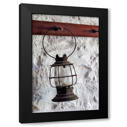 Antique lantern hanging on white wall-Shaker Village of Pleasant Hill-Harrodsburg-Kentucky Black Modern Wood Framed Art Print by Jones, Adam