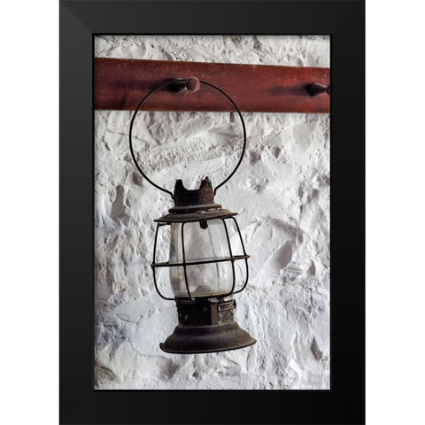 Antique lantern hanging on white wall-Shaker Village of Pleasant Hill-Harrodsburg-Kentucky Black Modern Wood Framed Art Print by Jones, Adam