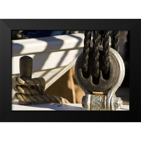 Maine, Castine Boat rope and pulley Black Modern Wood Framed Art Print by Kaveney, Wendy