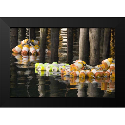 Maine Buoys floating next to a fishing pier Black Modern Wood Framed Art Print by Clemons, Kathleen