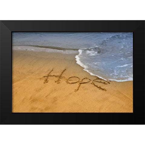 ME, Phippsburg The word hope on Popham Beach Black Modern Wood Framed Art Print by Clemons, Kathleen