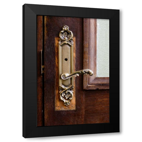 USA, Maine Ornate handle on wooden door Black Modern Wood Framed Art Print with Double Matting by Clemons, Kathleen
