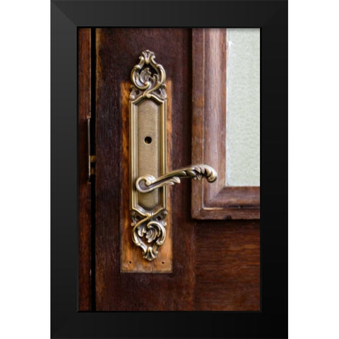 USA, Maine Ornate handle on wooden door Black Modern Wood Framed Art Print by Clemons, Kathleen