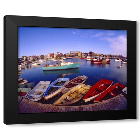 ME, Rockport Town buildings and boats in bay Black Modern Wood Framed Art Print with Double Matting by Zuckerman, Jim
