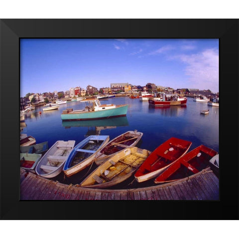 ME, Rockport Town buildings and boats in bay Black Modern Wood Framed Art Print by Zuckerman, Jim