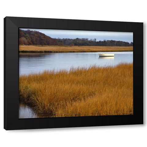 USA, Maine Boat anchored in Mousam River Black Modern Wood Framed Art Print by Terrill, Steve