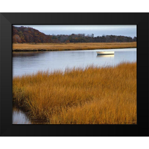 USA, Maine Boat anchored in Mousam River Black Modern Wood Framed Art Print by Terrill, Steve
