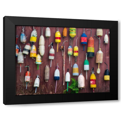 Maine Colorful buoys hanging on the exterior of a building Black Modern Wood Framed Art Print with Double Matting by Eggers, Julie