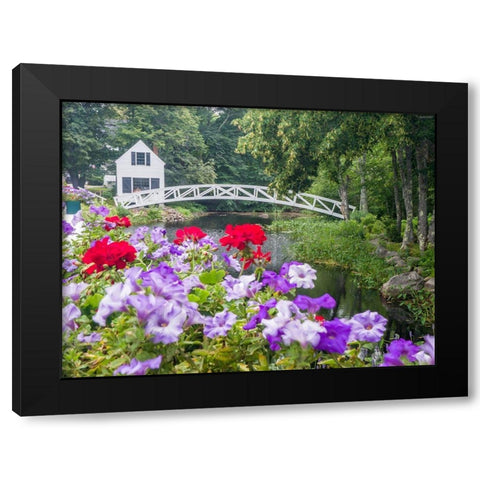 Maine Somesville bridge in Acadia National Park with petunias and geraniums in the foreground Black Modern Wood Framed Art Print with Double Matting by Eggers, Julie