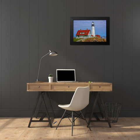 USA-New England-Maine-Cape Elizabeth-Atlantic Portland Head Lighthouse during the Fall season Black Modern Wood Framed Art Print by Gulin, Sylvia