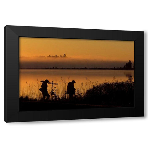 MI, People along Potagannissing Bay at sunrise Black Modern Wood Framed Art Print by Carlson, Mark