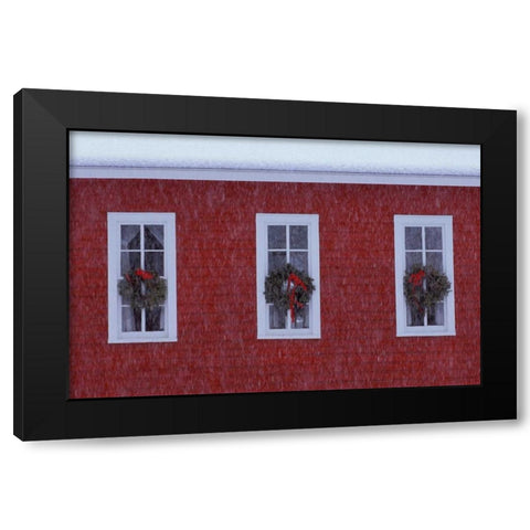 MI, Three Christmas wreathes in schoolhouse Black Modern Wood Framed Art Print by Carlson, Mark