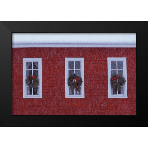 MI, Three Christmas wreathes in schoolhouse Black Modern Wood Framed Art Print by Carlson, Mark