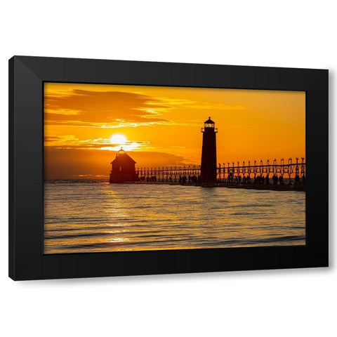 Grand Haven Lighthouse at sunset on Lake Michigan-Grand Haven-Michigan Black Modern Wood Framed Art Print by Day, Richard and Susan