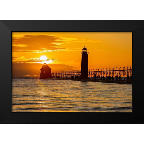 Grand Haven Lighthouse at sunset on Lake Michigan-Grand Haven-Michigan Black Modern Wood Framed Art Print by Day, Richard and Susan