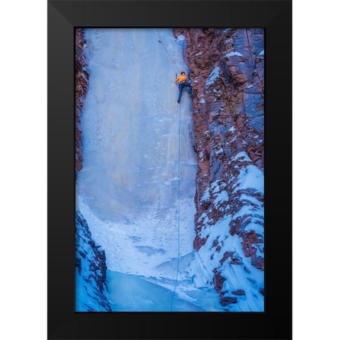 Minnesota-Lake Superior Climber scaling frozen waterfall on cliff  Black Modern Wood Framed Art Print by Jaynes Gallery