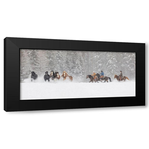 Panoramic view of cowboys during winter roundup-Kalispell-Montana Black Modern Wood Framed Art Print by Jones, Adam