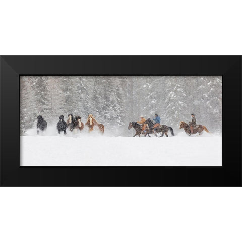 Panoramic view of cowboys during winter roundup-Kalispell-Montana Black Modern Wood Framed Art Print by Jones, Adam
