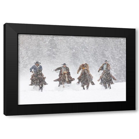 Cowboys during winter roundup-Kalispell-Montana Black Modern Wood Framed Art Print by Jones, Adam