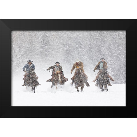 Cowboys during winter roundup-Kalispell-Montana Black Modern Wood Framed Art Print by Jones, Adam