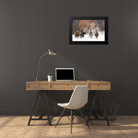 Cowboys during winter roundup-Kalispell-Montana Black Modern Wood Framed Art Print by Jones, Adam