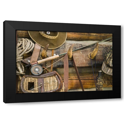 MT, Fishing ger and hat hang on horn pegs Black Modern Wood Framed Art Print by Paulson, Don