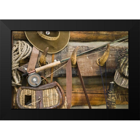 MT, Fishing ger and hat hang on horn pegs Black Modern Wood Framed Art Print by Paulson, Don