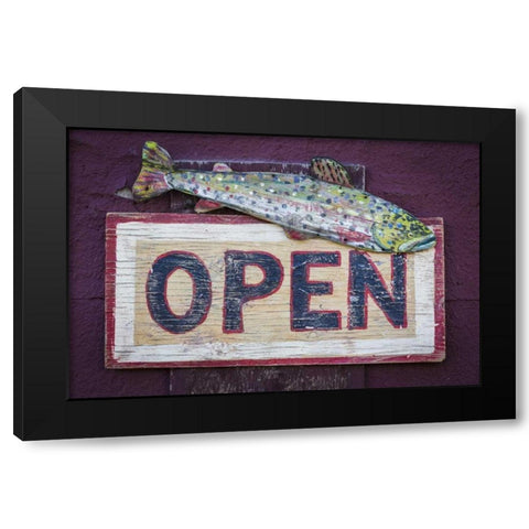 Montana, Virginia City Open sign on store front Black Modern Wood Framed Art Print by Paulson, Don