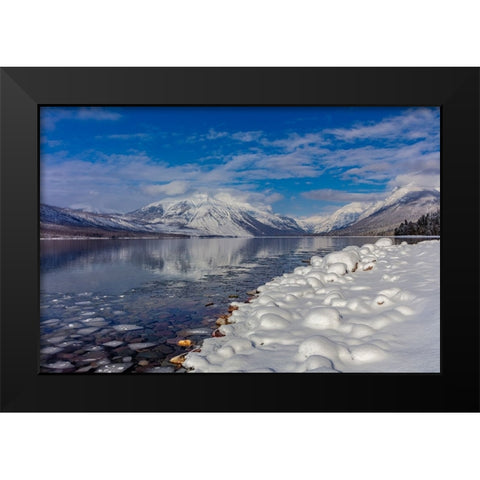 Mountains reflect in wintry Lake McDonald in Glacier National Park-Montana-USA Black Modern Wood Framed Art Print by Haney, Chuck