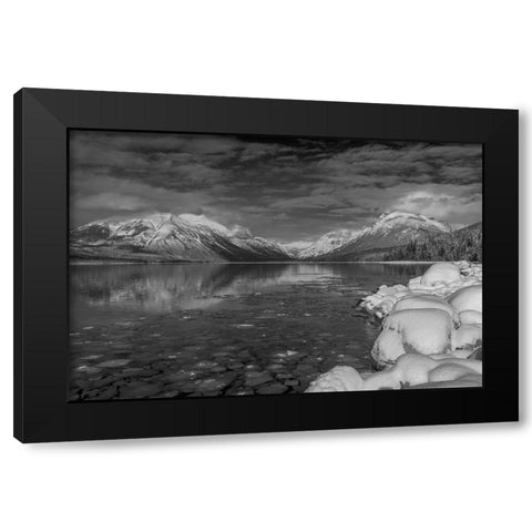 Mountains reflect in wintry Lake McDonald in Glacier National Park-Montana-USA Black Modern Wood Framed Art Print by Haney, Chuck