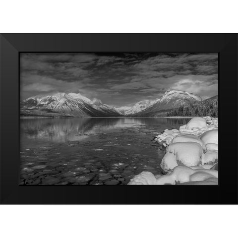 Mountains reflect in wintry Lake McDonald in Glacier National Park-Montana-USA Black Modern Wood Framed Art Print by Haney, Chuck