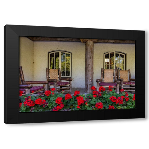 Lounge chairs at Lake McDonald Lodge in Glacier National Park-Montana-USA Black Modern Wood Framed Art Print by Haney, Chuck