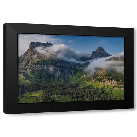 Rolling fog clouds with Heavy Runner and Reynold Mountains at Logan Pass in Glacier National Park Black Modern Wood Framed Art Print by Haney, Chuck