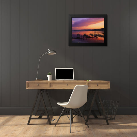 NH, Sunrise over Lake Winnipesaukee dock Black Modern Wood Framed Art Print by Terrill, Steve