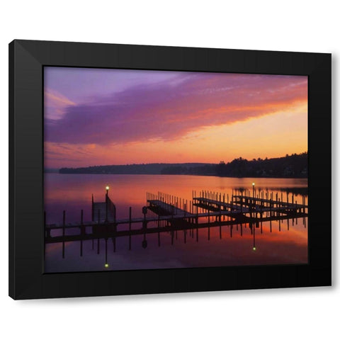 NH, Sunrise over Lake Winnipesaukee dock Black Modern Wood Framed Art Print with Double Matting by Terrill, Steve
