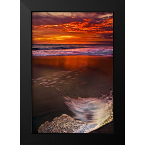 New Jersey, Cape May Sunset reflection on beach Black Modern Wood Framed Art Print by OBrien, Jay