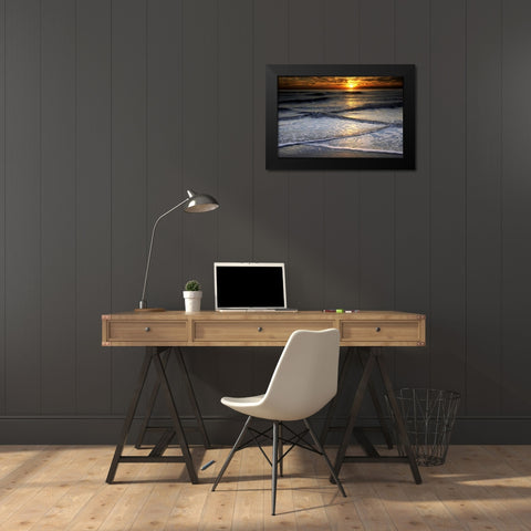 New Jersey, Cape May Sunset reflection on beach Black Modern Wood Framed Art Print by OBrien, Jay