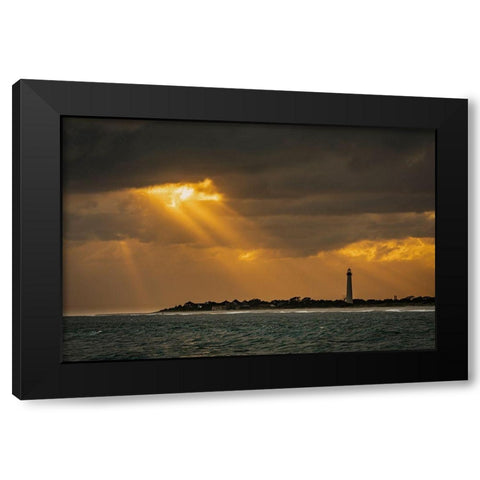 New Jersey-Cape May National Seashore Sunset on ocean shore and lighthouse  Black Modern Wood Framed Art Print with Double Matting by Jaynes Gallery